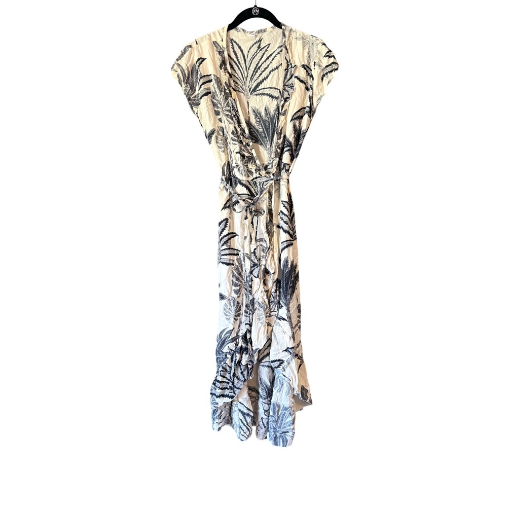 Tropical Palm Print Wrap Dress Cream Black‎ Ruffle High Low Midi Small